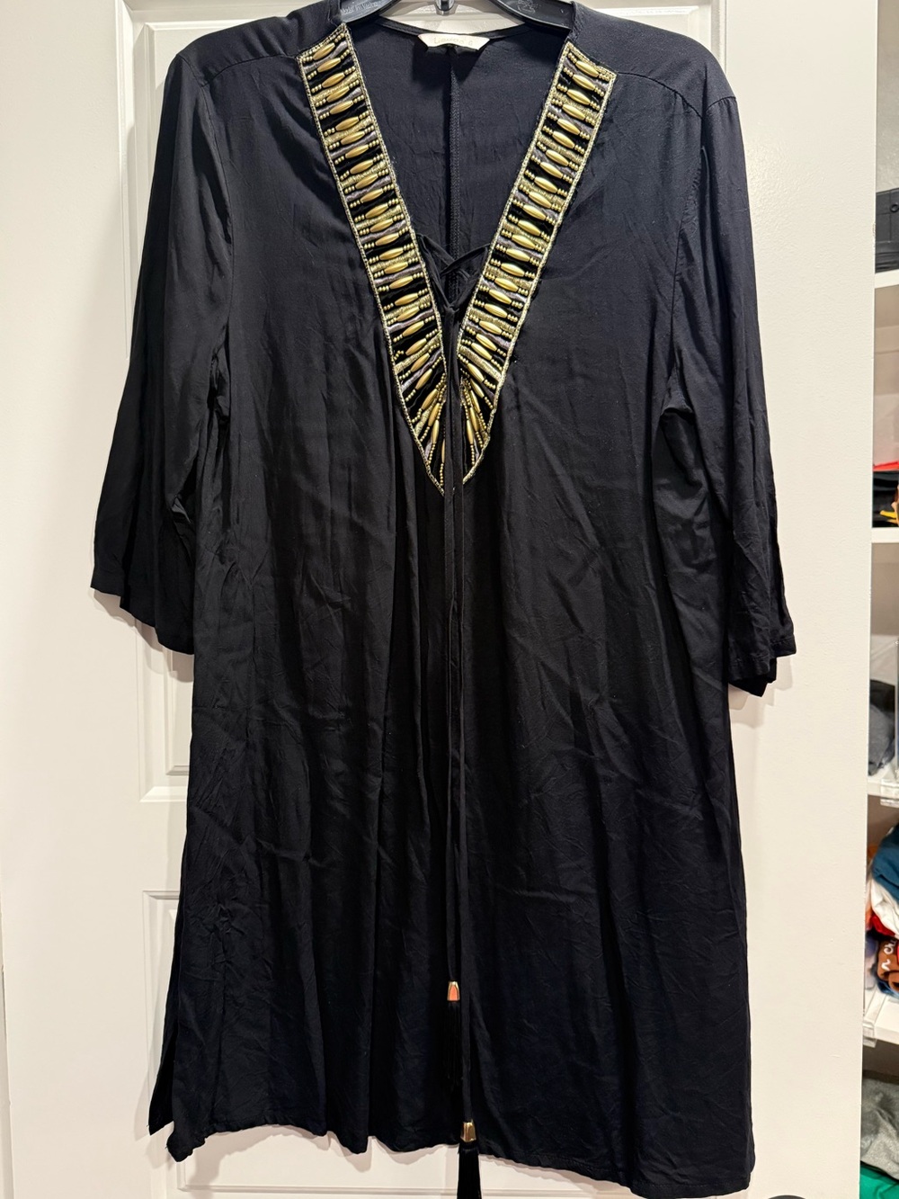 Black Embellished V-Neck Women's Dress with Gold Trim from Brazil 🇧🇷